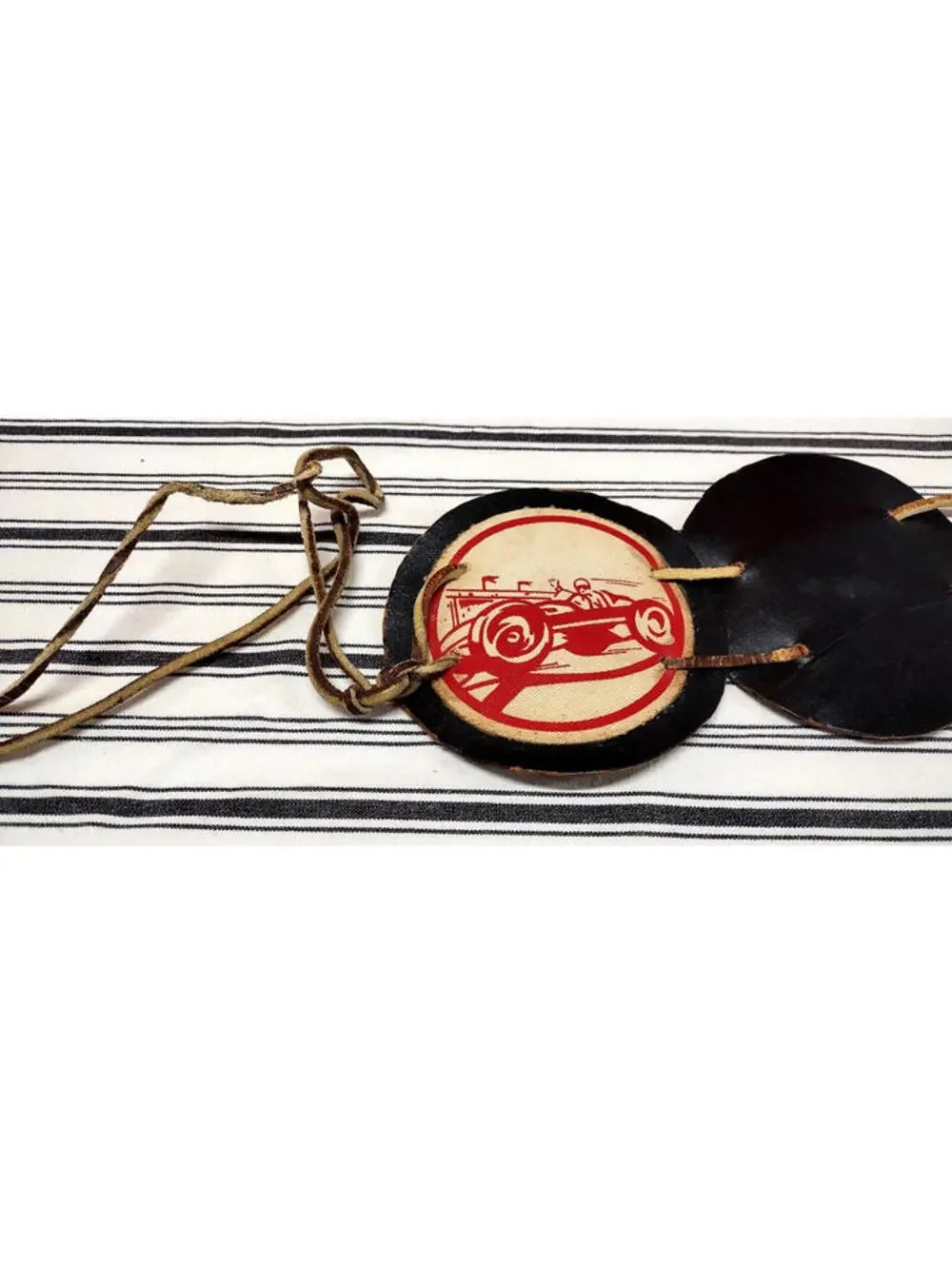 Belt Antique Circle Leather XS Belt 1900s Pre-War Race Car Roadster Black Deco